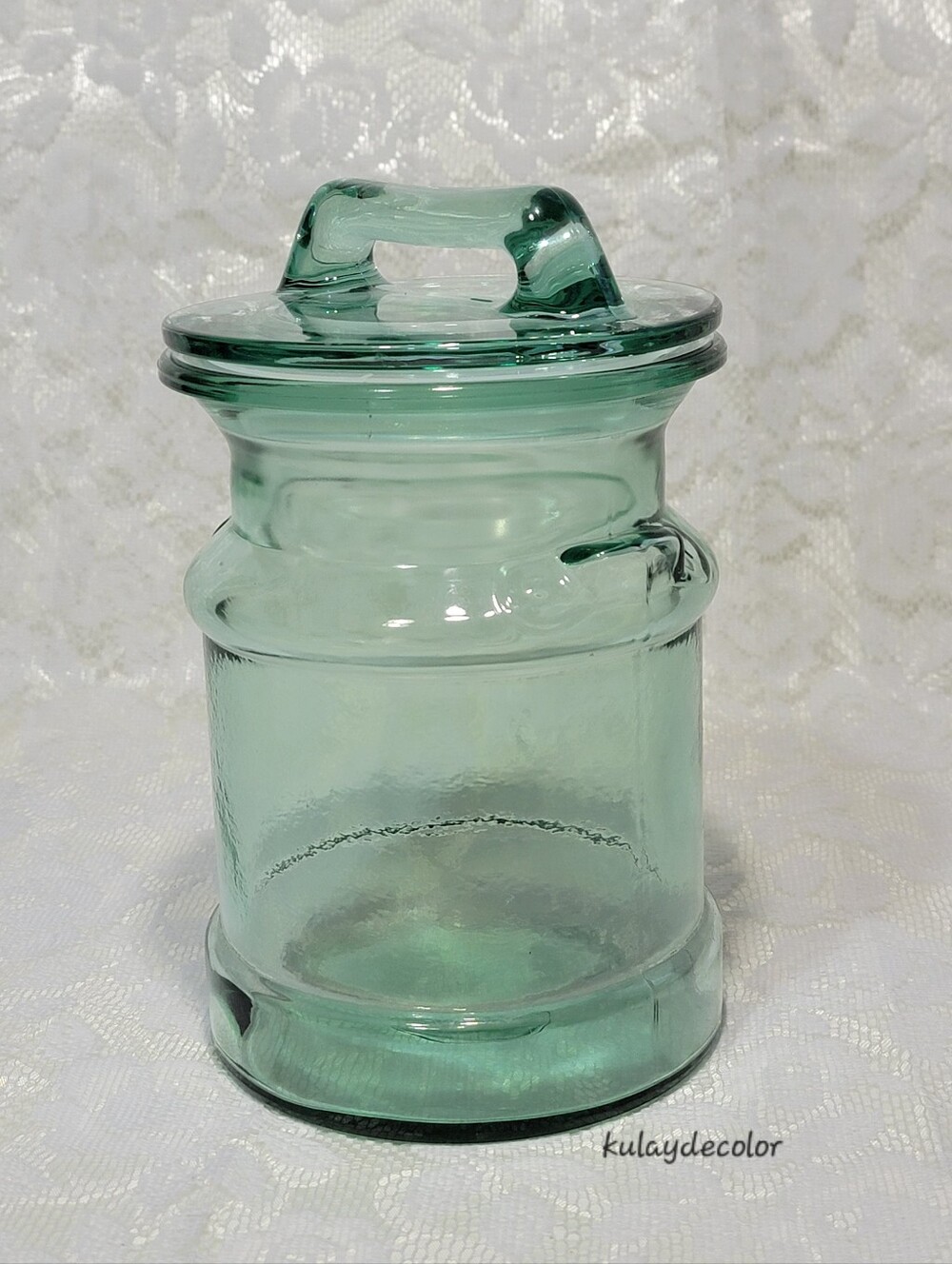 Vintage Green Glass Cookie Jar Canister Storage Jar w/ Lid Recycled Glass Style - Picture 6 of 16